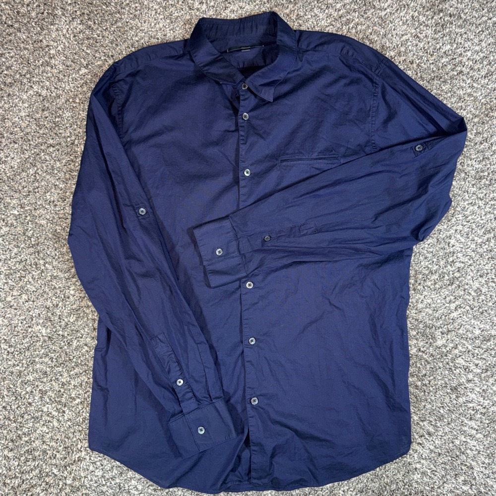 John Varvatos Mens XL Navy Blue Button Up Roll Tab Sleeve Lightweight Shirt